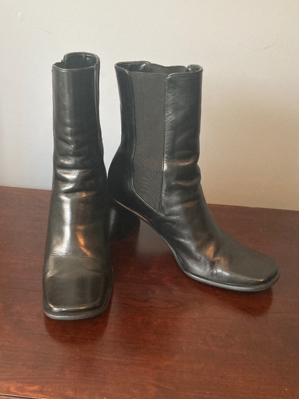 Franco Sarto Black Leather Square Toe Chelsea Boots Block Heel Women's